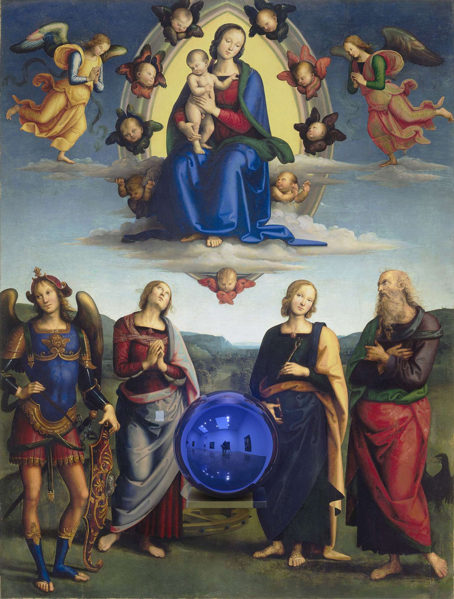 (c) Jeff Koons, Gazing Ball (Perugino Madonna and Child with Four Saints), 2014–15 Olieverf op doek, glas, aluminium, 179,7 x 136,5 x 37,5 cm. Eigendom van Jeff Koons
